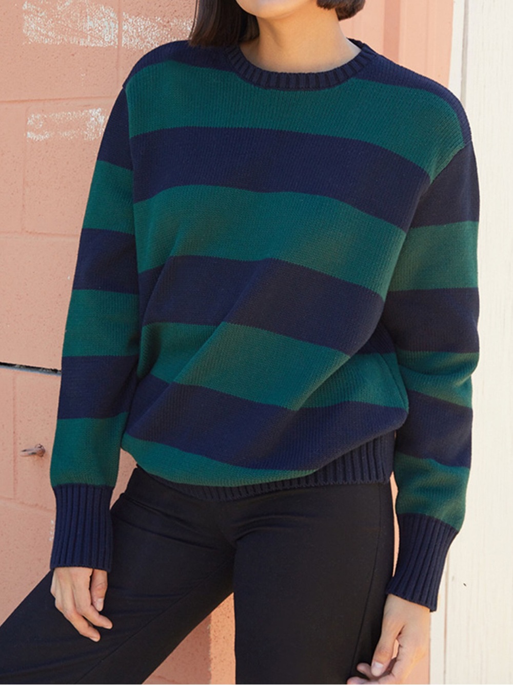 PacSun John Galt Striped Brianna Crewneck Sweater in Navy and Green